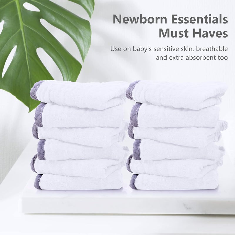 SWEET DOLPHIN 12 Pack Muslin Burp Cloths Large 100% Cotton Hand Washcloths for Baby - Baby Essentials Extra Absorbent and Soft Boys & Girls Milk Spit Up Rags for Newborn Registry - Grey Trim, 20" X10" - Image 3